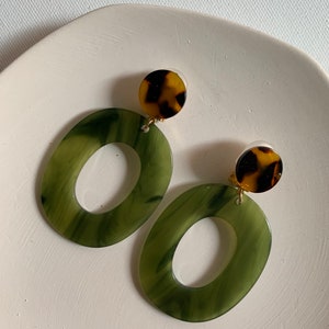 Olive Green Oval Hoop Resin Acetate Earrings, Geometric Acrylic, Retro Classy Dangle, Pierced / Non Pierced Clip-On Earrings