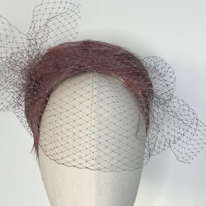 Molly - Vintage-Inspired Mauve Feather Bandeau Headband with Veiling | Handmade Fascinator | Handmade Millinery | Race Day Hat