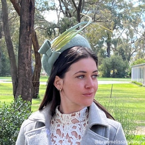 Kayla – Vintage Mint Fur Felt Hat with Alexandrine Parrot Feathers and Bow | Handcrafted Millinery