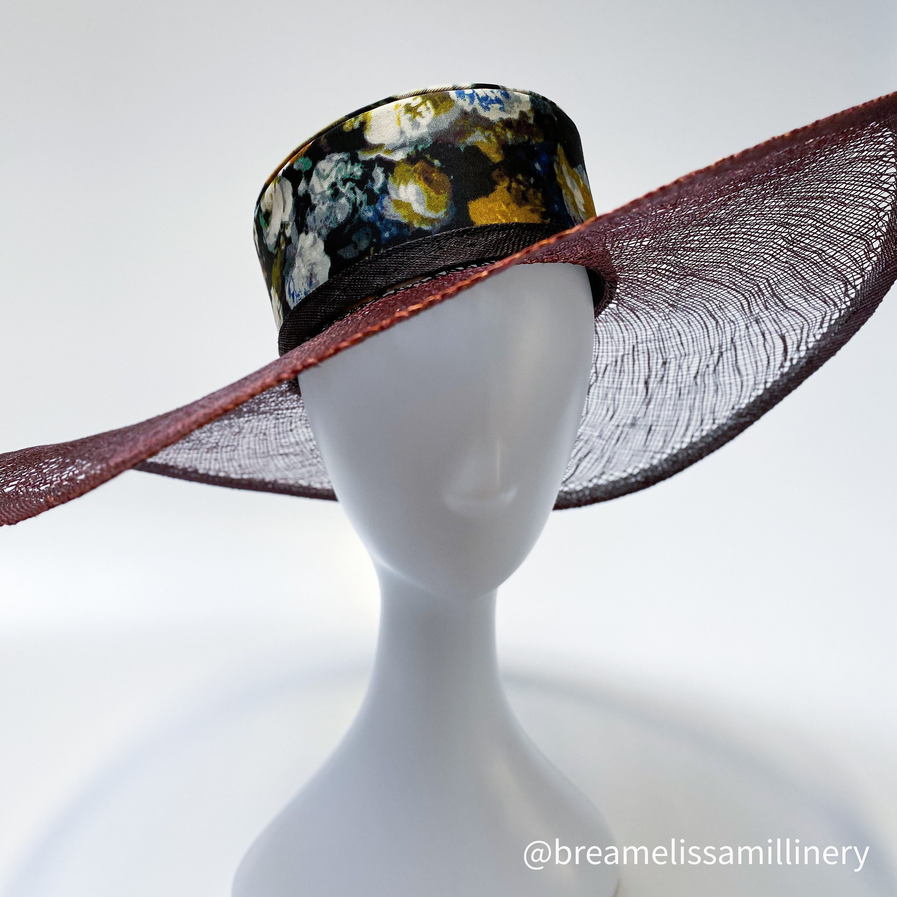 Bonnie – Hand-blocked Wide Brim Floral Hat With Brown Weave