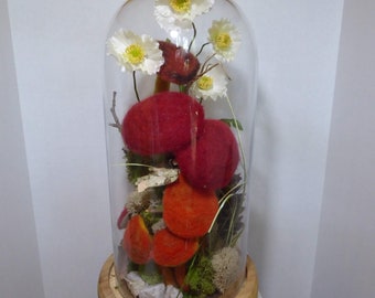 Bell Jar with Mushrooms in Various Shades of Red