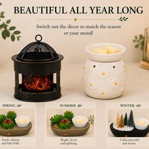 May include: A black metal lantern-style wax warmer with a fire-effect base and a white ceramic wax warmer featuring a raised daisy pattern. Below, three oval trays display seasonal arrangements with wax melts for spring, summer, and winter.