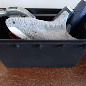 Shark glasses case peeking out of a tool box
