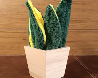Faux Sansevieria Plant, Microfiber Cleaning Cloth in Wooden Pot