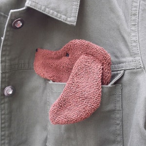Smudge Dog shown peeking out of a jean jacket chest pocket. Cute way to personalize and outfit with a necessary accessory.