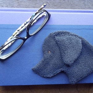 May include: A blue notebook with a gray fabric dog-shaped bookmark on top. A pair of black reading glasses with a floral pattern on the arms are also on the notebook.