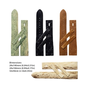 May include: Four leather watch straps in different colours: green, black, brown, and beige. The straps are cut into two pieces, each with a different shape. The straps are 24x140mm (0.94x5.51in), 24x106mm (0.94x4.17in), and 52x9mm (2.12x0.35in).