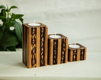 Pine wood tea light candle holder set decorated with fish leather