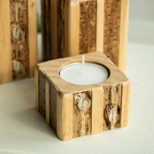 Wooden candle holder set of 3 with fish leather, rustic feel, farmhouse decoration, gift for housewarming party, gift for neighbour