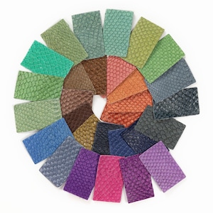 Peut inclure: Un nuancier de 18 échantillons de cuir différents disposés en cercle. Les échantillons sont tous de la même taille et de la même forme, et ils sont disposés en arc-en-ciel, en commençant par le vert et en terminant par le violet.