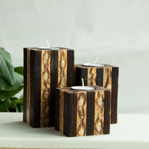 Fish leather wooden tea light candle holder set of 3, housewarming gift, gift for friends, special gifts
