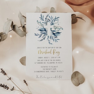 Simple Blue Greenery Themed Baptism Party Religious Event Editable Invitation to Edit and Print at Home Today