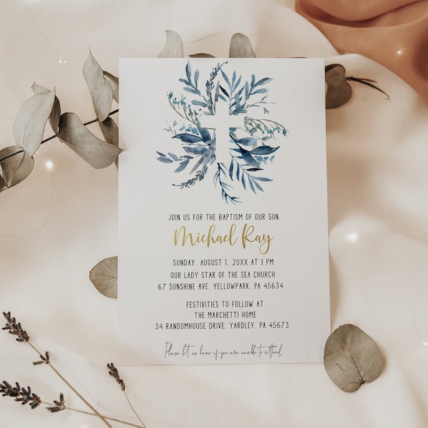 Simple Blue Greenery Themed Baptism Party Religious Event Editable Invitation to Edit and Print at Home Today