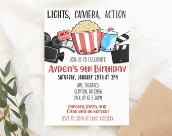 Movie Theater Themed Film fun Kid's Movie Birthday Party Editable Invitation to Edit and Print at Home Today