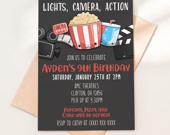 May include: A black and red birthday party invitation with a cartoon illustration of a popcorn bucket, a soda cup, and a movie camera. The text on the invitation reads "Lights, Camera, Action" and "Aydens 9th Birthday".