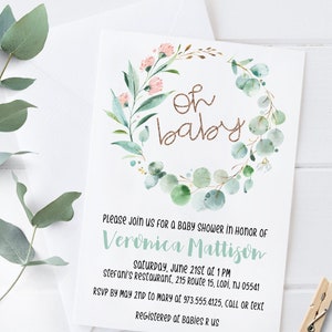 EDITABLE Baby Shower Invitation, Greenery & Gold Lettering, boy or girl, eucalyptus, EDIT yourself, Corjl Invitation, DIY-edit and print now