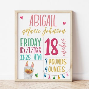 Estadísticas de nacimiento de bebés Arte mural, Temática de llamas, Anuncio de nacimiento, Regalo de bebé personalizado, Decoración de guardería para niñas, BRICOLAJE, Archivo editable con Corjl