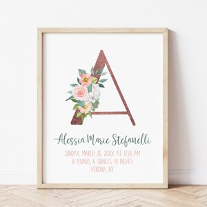 Impresión inicial floral personalizada de la A a la Z, decoración de guardería, bricolaje, archivo editable con Corjl, nuevo regalo para bebés, niña, estadísticas de nacimiento, arte de pared de guardería