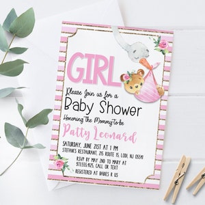 EDITABLE Baby Girl Shower Invitation, Shades of pink, EDIT yourself, baby bear & Stork, Corjl Invitation, DIY - edit and print now