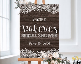 EDITABLE Bridal Shower Welcome Sign, Rustic Wood, White Lace, DIY, CORJL welcome signs, edit yourself now, RWWL1