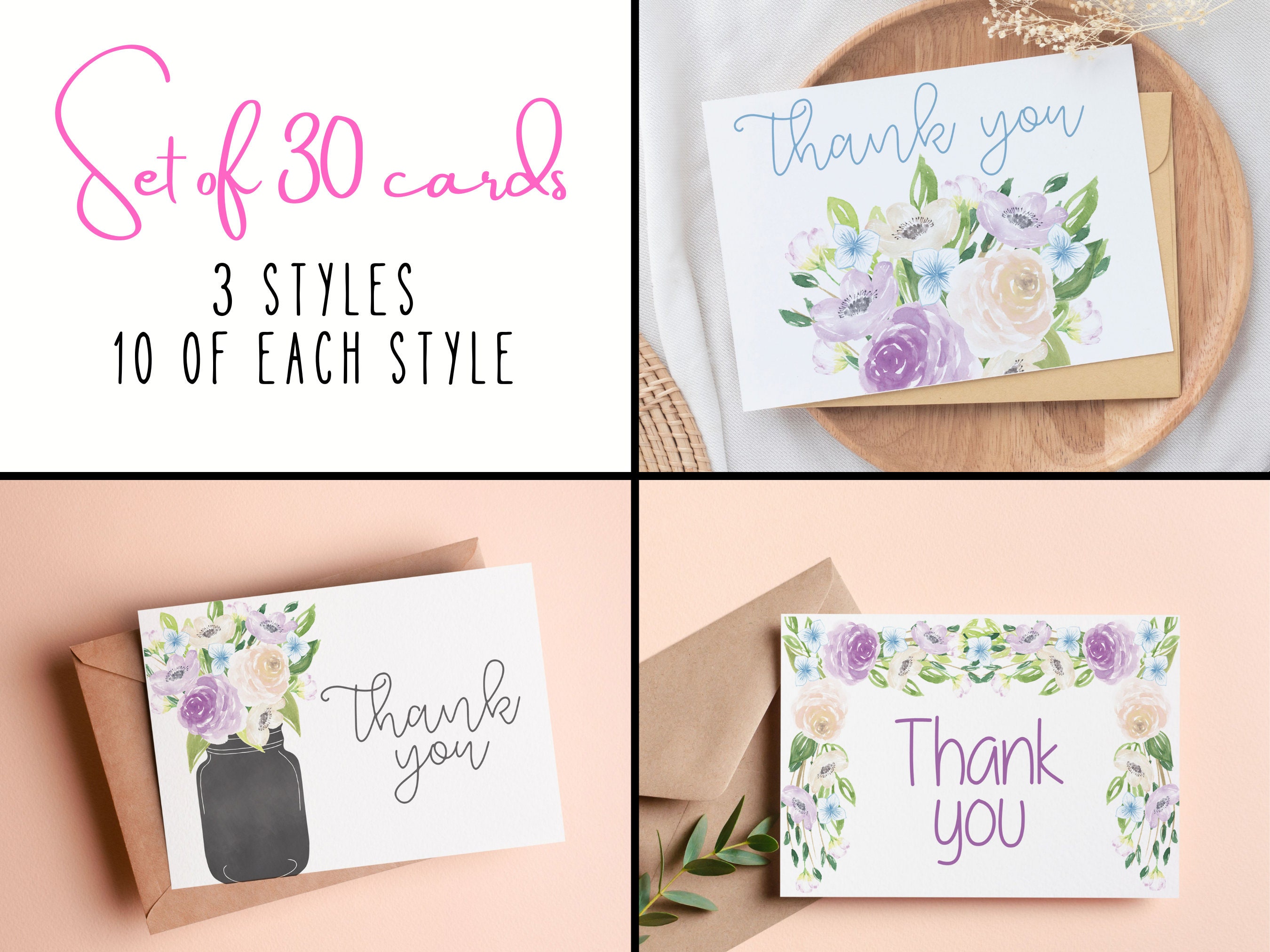 Floral Wedding Thank You Note Card Set, Blank Stationery (30 Cards) - Etsy