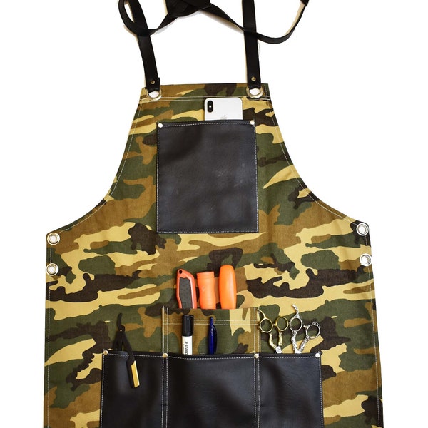 Camouflage Camo Apron for Men and Women, BBQ Cooking Chef, With Many pockets, Hairdresser, Hairstylist Barber apron for Adults