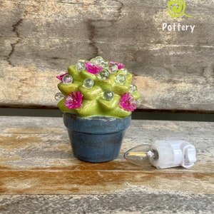 May include: A small green ceramic cactus with pink flowers and clear glass beads, in a blue pot. The cactus is lit by a small white LED light bulb with a switch.