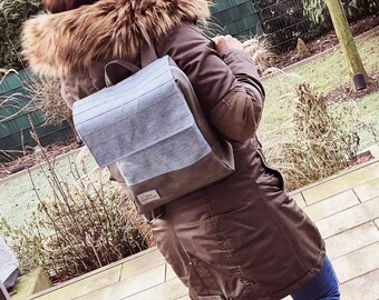 Backpack, leather, grey/light turquoise