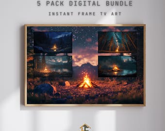 5 Pack Frame TV Art | Cozy Campfire and Nature Landscape Bundle, Forest Landscape, Dark Forest Wall Art, Starry Sky Scene, Instant Download
