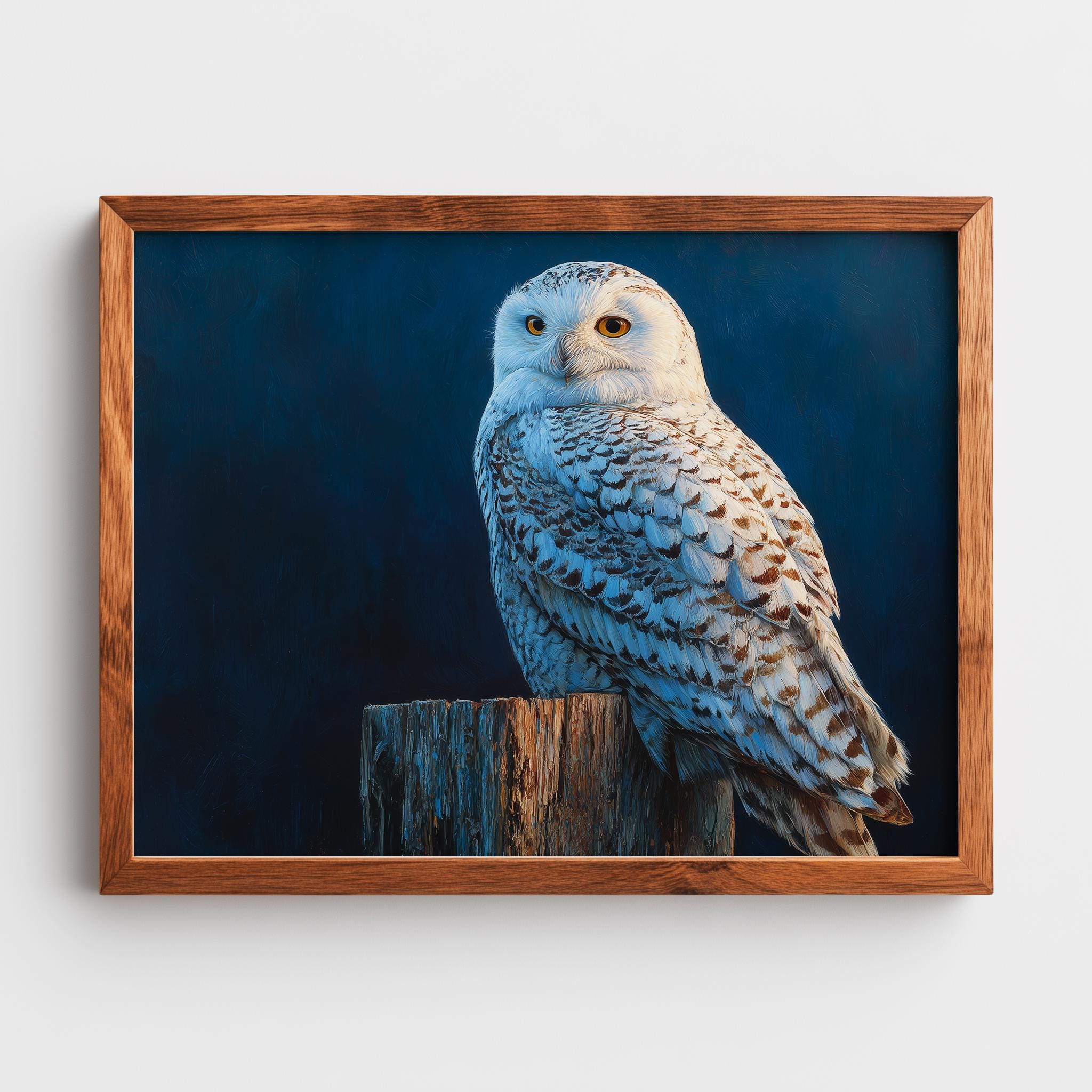 Snowy Owl on Wooden Fence Painting - Rustic Winter Wildlife Wall Art, Printable Nature Decor, Vintag