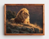 Majestic Lion on Sunlit Rock - Rustic Wildlife Painting, Golden Lion Oil Art, Cottagecore Animal Decor, Printable Wall Art Download 46