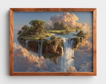 Arte mural surrealista de isla flotante: majestuoso paisaje con forma de ballena, pintura al óleo imprimible de ensueño, decoración de cielo fantástico, impresión artística digital 230