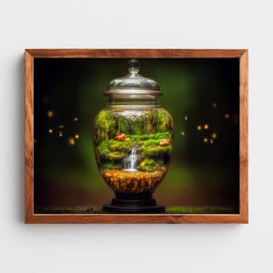 Surreal Glass Apothecary Jar Art - Enchanted Forest Scene, Fairy Lights, Rustic Cottagecore Decor, Printable Wall Art, Mystical Print 76