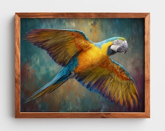 Pappagallo esotico in volo - Decorazione murale con uccelli vivaci, dipinto di fauna selvatica colorata stampabile, poster di decorazione digitale della giungla tropicale 6