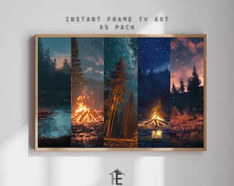 Campfire Forest Night Scene (x5) | Nature Home Decor, Tranquil Forest Landscape, Rustic Cabin Wall Art, Starry Sky Scene, Instant Download