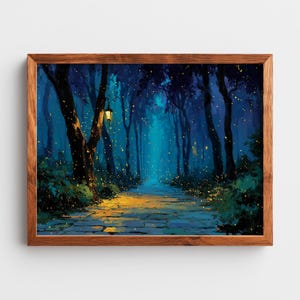 May include: A framed art print depicting a serene forest path at dusk. The artwork features a stone path illuminated by a warm glow, leading into a dark, blue-toned forest. Fireflies and a hanging lantern add to the magical atmosphere.