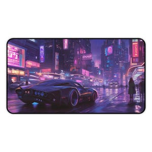 Cyberpunk Night Racer Mousepad - Non-Slip Gaming Desk Mat with Neon Cityscape & Futuristic Car - Large and Durable for Home Office or Gaming