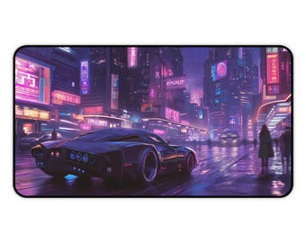 May include: A futuristic city scene with a black sports car driving down a wet street. The city is lit up with neon signs in pink, purple, and blue. The car has a sleek design with a large rear spoiler and large wheels.