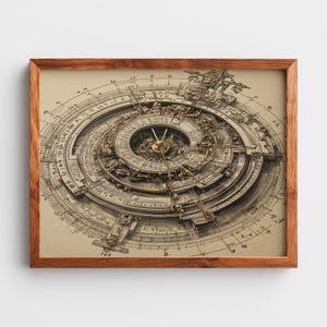 May include: A framed print featuring a detailed, circular mechanical design with gears, dials, and intricate markings. The artwork is rendered in sepia tones, with a wooden frame. The design evokes a sense of historical scientific instruments.