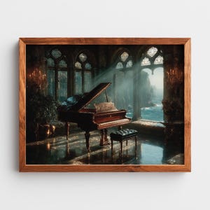 May include: A framed print depicts a grand piano in a room with arched windows overlooking the ocean. The piano is dark brown with a matching bench. The room has a reflective floor and is lit by sunlight streaming through the windows.