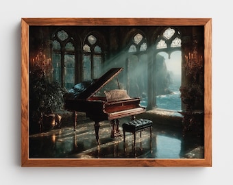 May include: A framed print depicts a grand piano in a room with arched windows overlooking the ocean. The piano is dark brown with a matching bench. The room has a reflective floor and is lit by sunlight streaming through the windows.