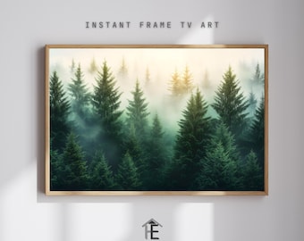 Misty Forest Landscape TV Art | Digital Frame TV Artwork | Serene Evergreen Trees in Morning Fog | Nature-Inspired Wall Decor for Frame TV