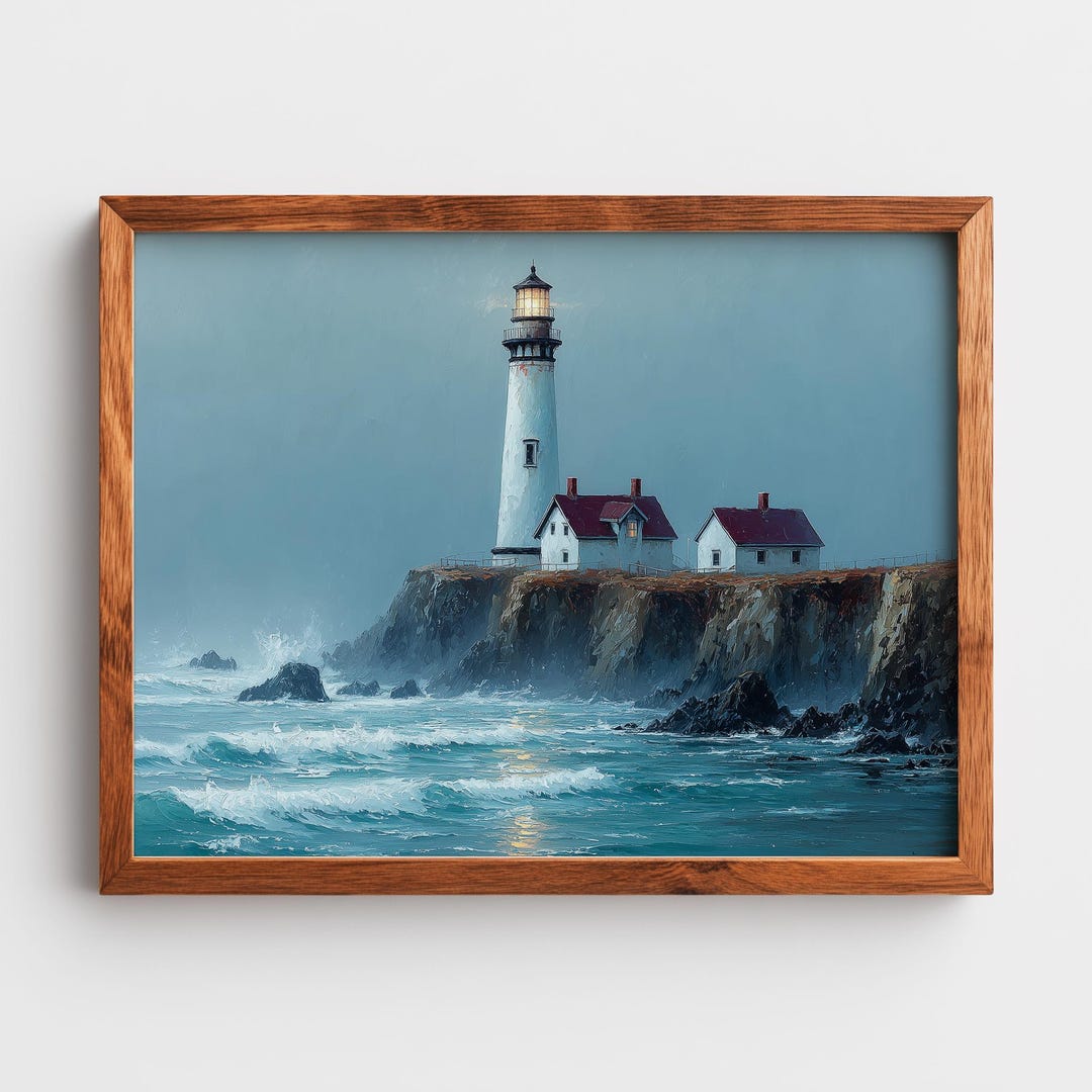 Coastal Lighthouse in Fog - Printable Wall Art, Moody Seascape, Rustic ...