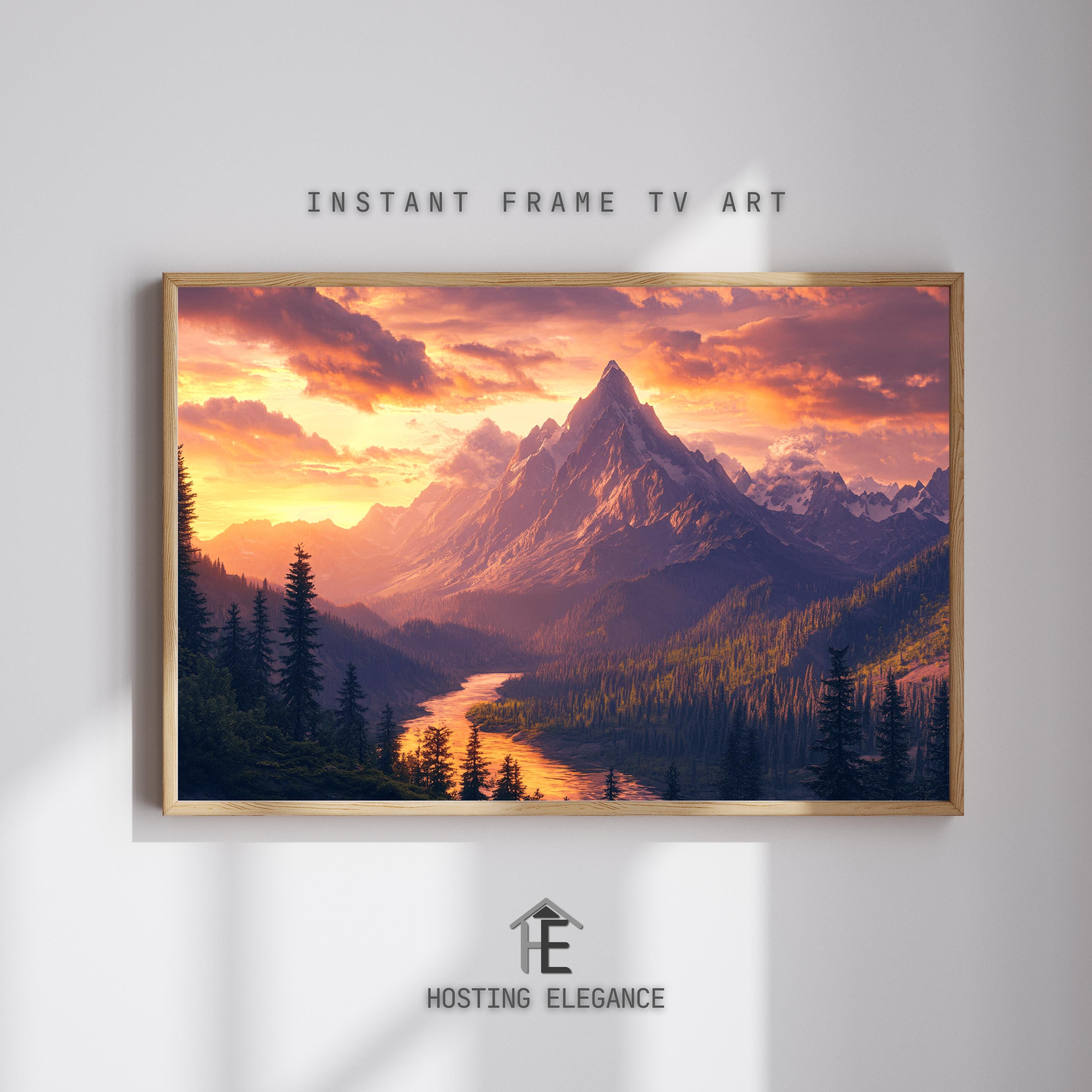 Sunset Mountain Landscape TV Art | Digital Frame TV Artwork | Vibrant Nature Scene with Majestic Peaks and River | Mountain Sunset Decor