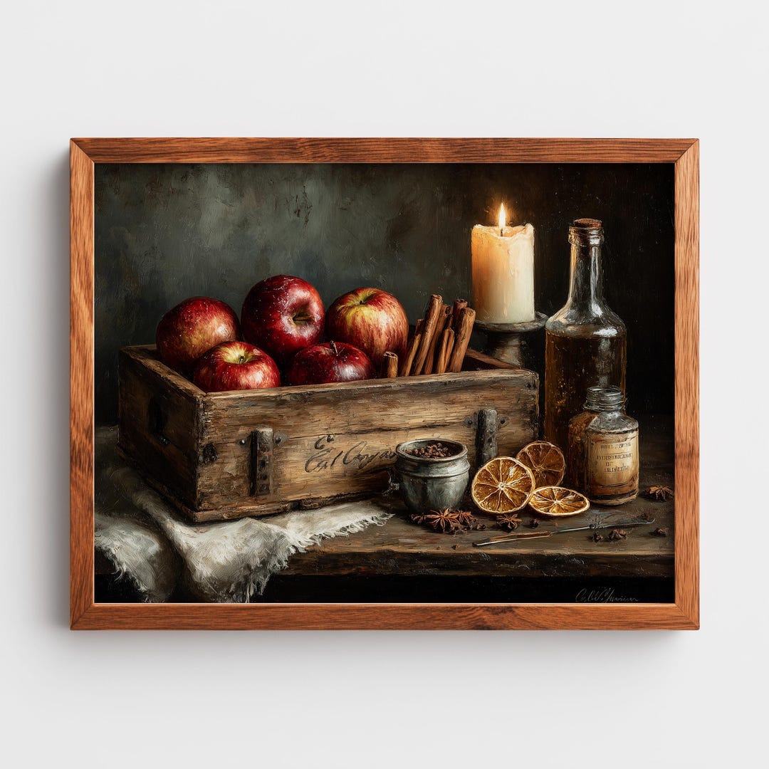 Rustic Still Life With Apples and Candle - Vintage Kitchen Wall Art ...