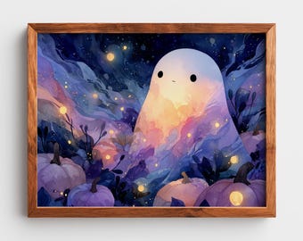 Fantasma encantador en un huerto de calabazas: arte mural imprimible de Halloween, escena nocturna melancólica, ilustración de acuarela con remolinos, decoración otoñal 119