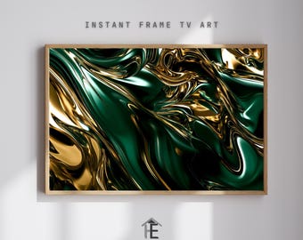 Abstract Liquid Marble TV Art | Digital Frame TV Artwork | Metallic Gold and Deep Green Swirls | Luxury Modern Wall Decor