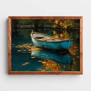 May include: A framed painting depicts a blue rowboat floating on dark water. The boat's reflection mirrors in the water, surrounded by fallen yellow leaves. The artwork is set in a wooden frame.