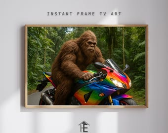 Bigfoot Riding Motorcycle TV Art | Funny Cryptid Digital Download | Rainbow Sportbike Wall Decor for Man Cave, Garage, Frame TV