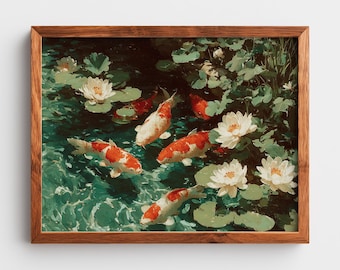 Estanque de peces koi vibrante imprimible: nenúfares iluminados por el sol, arte rústico natural, decoración cottagecore, escena de jardín sereno, lámina de arte mural 26